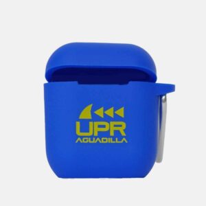 Case de airpods generación dos en silicona color azul con logo UPR Aguadilla en amarillo