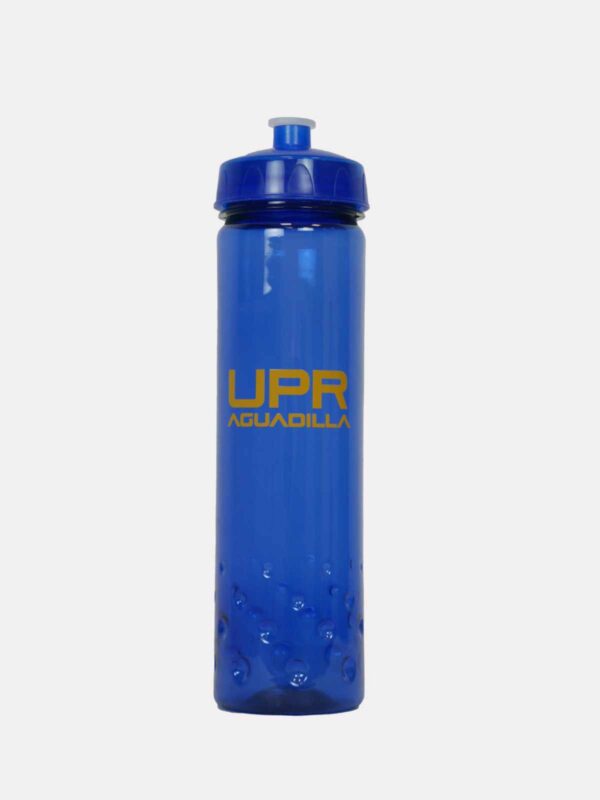 botella para bebidas plástica color azul con tapa y logo amarillo de la UPR Aguadilla