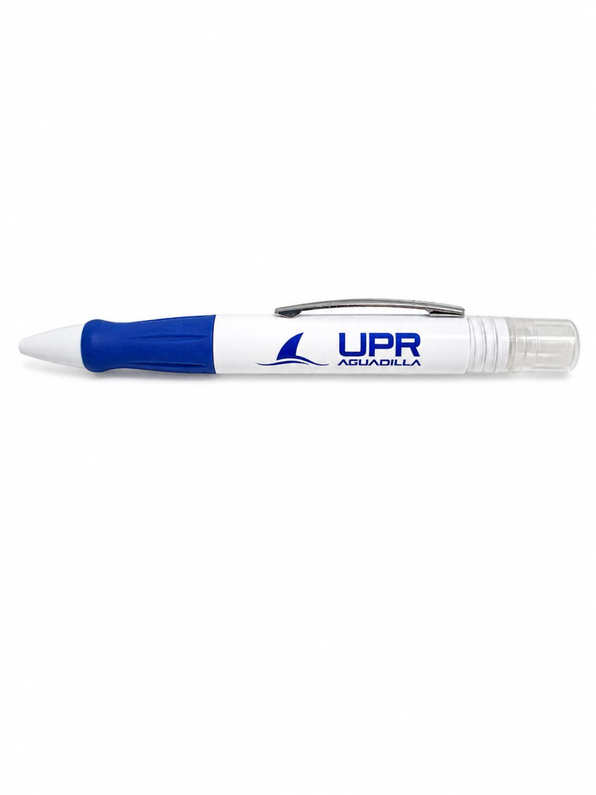 bolígrafo blanco con estampado UPR Aguadilla en azul royal, tapa transparente y zona de agarre engomada en color azul royal