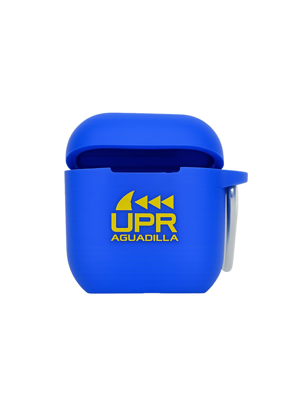 carcasa en silicon para AirPods 2da generación color azul royal con estampado UPR Aguadilla en amarillo
