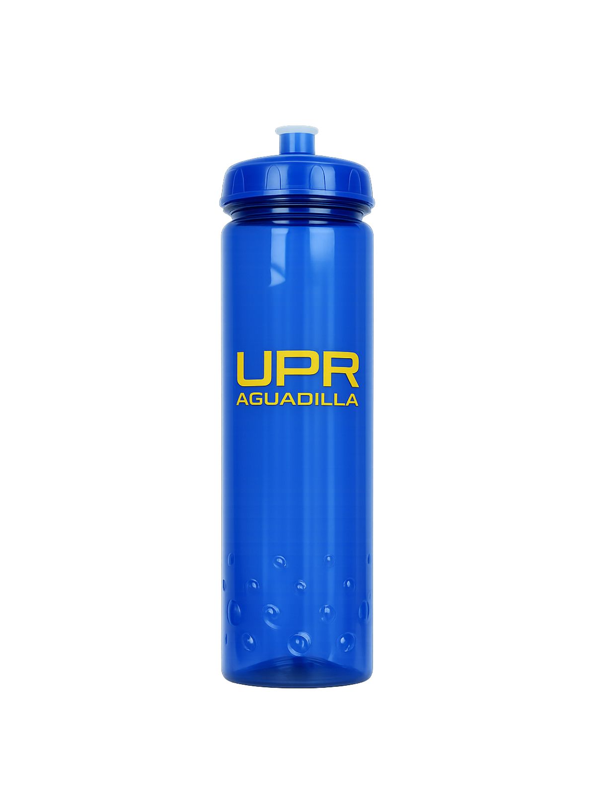 botella plástica en color azul royal transparente con tapa y estampado UPR Aguadilla en amarillo