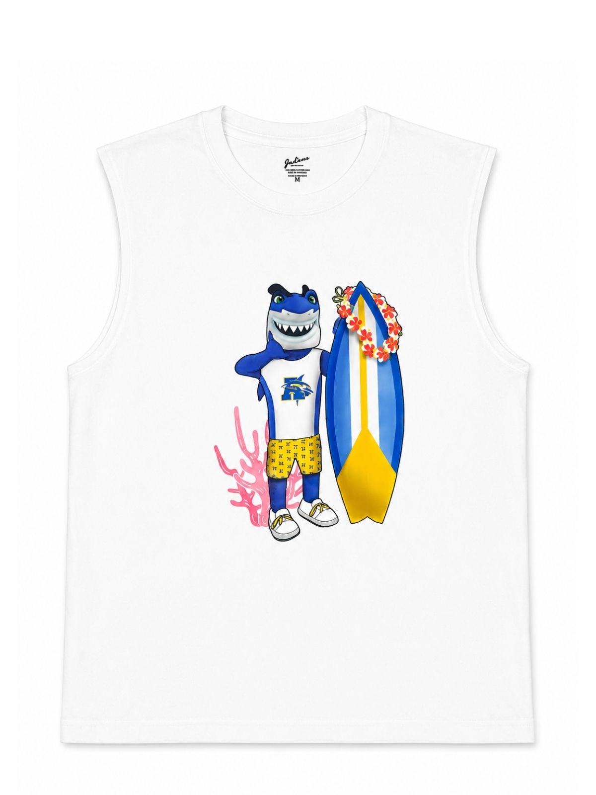 Camisa blanca sin mangas Sharky surfista UPR Aguadilla