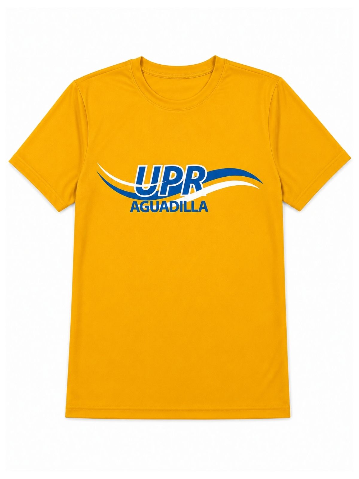 Camisa amarilla con estampado de UPR Aguadilla y ondas en el fondo en azul royal y blanco