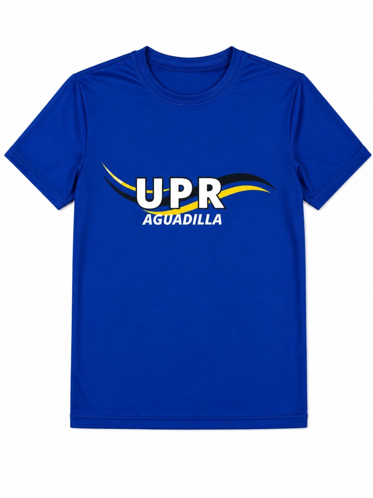 Camisa azul royal con estampado de UPR Aguadilla y ondas en el fondo en blanco, amarillo y negro