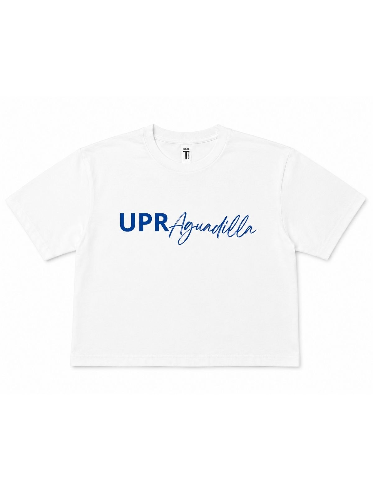 Crop top blanco con estampado UPR Aguadilla en azul royal