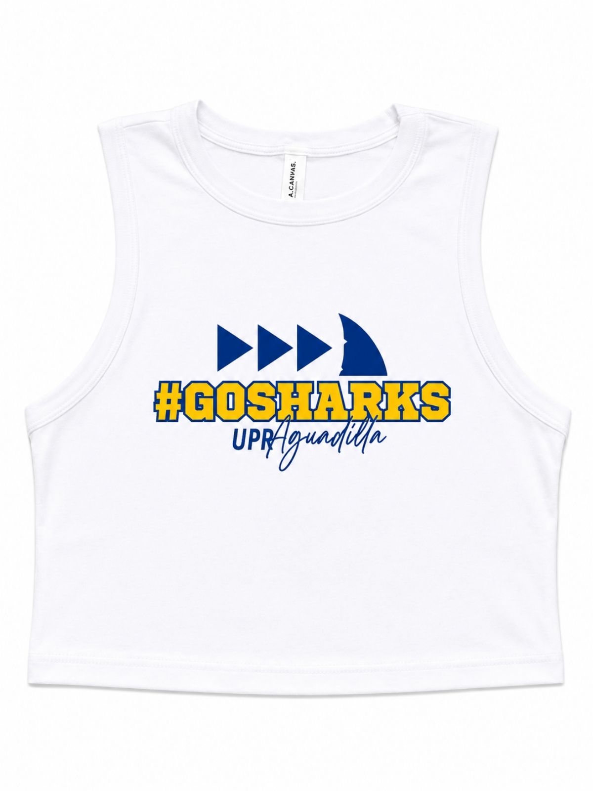 crop top color blanca sin mangas con estampado en el medio de #GOSHARKS en color amarillo, aleta de tiburón y UPR Aguadilla en color azul royal