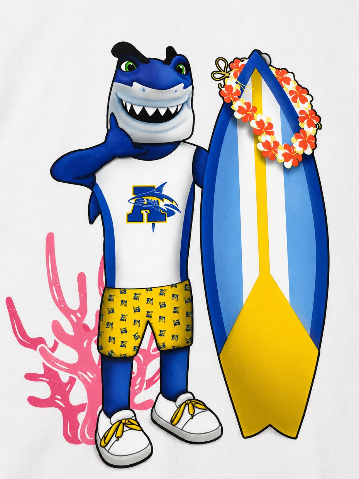 Estampado de mascota institucional Sharky con pantalones de playa aguantando tabla de surfing con guirnalda de flores tropicales