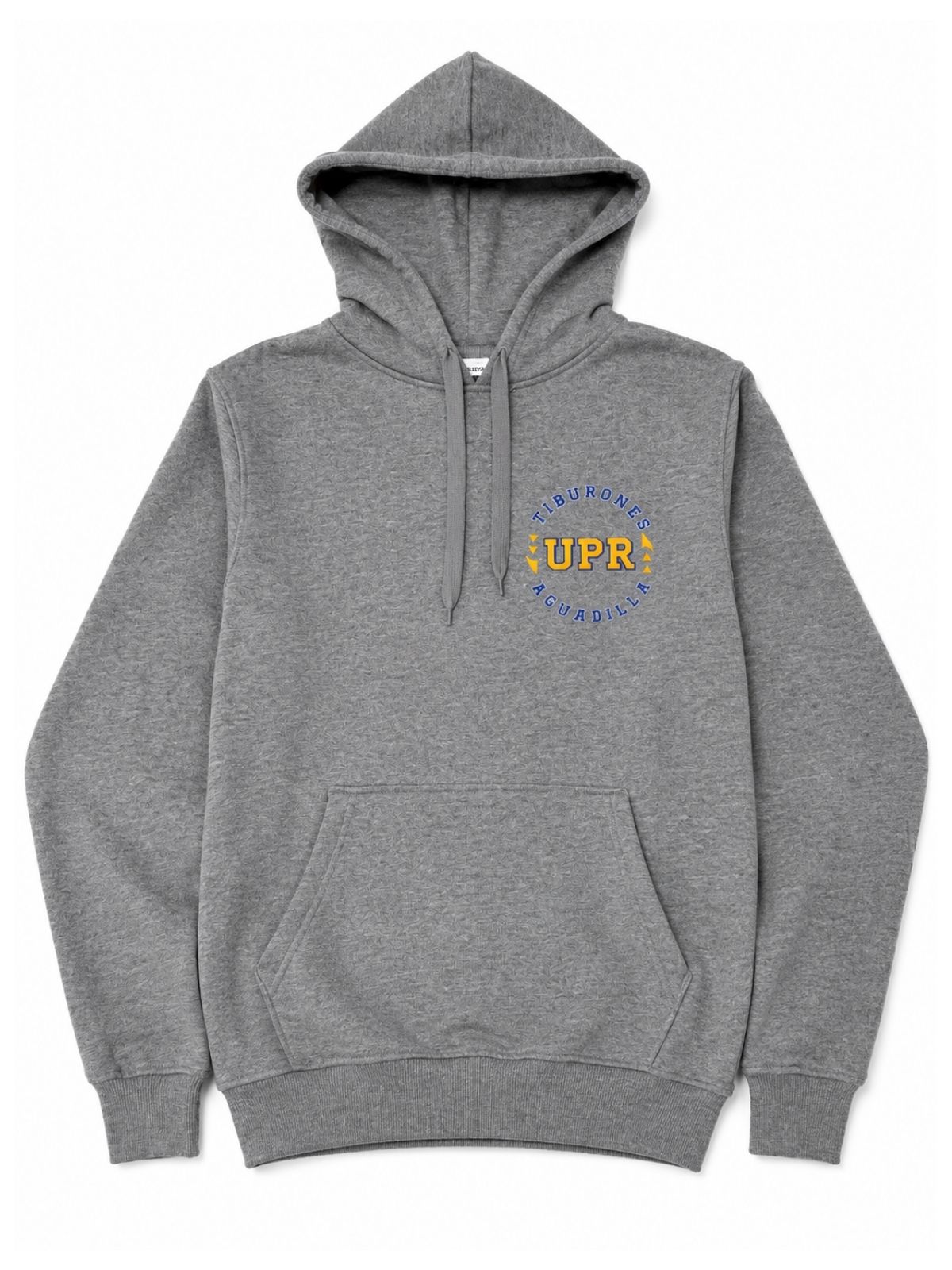 Hoodie color gris con estampado redondo en azul y amarillo de Tiburones UPR Aguadilla