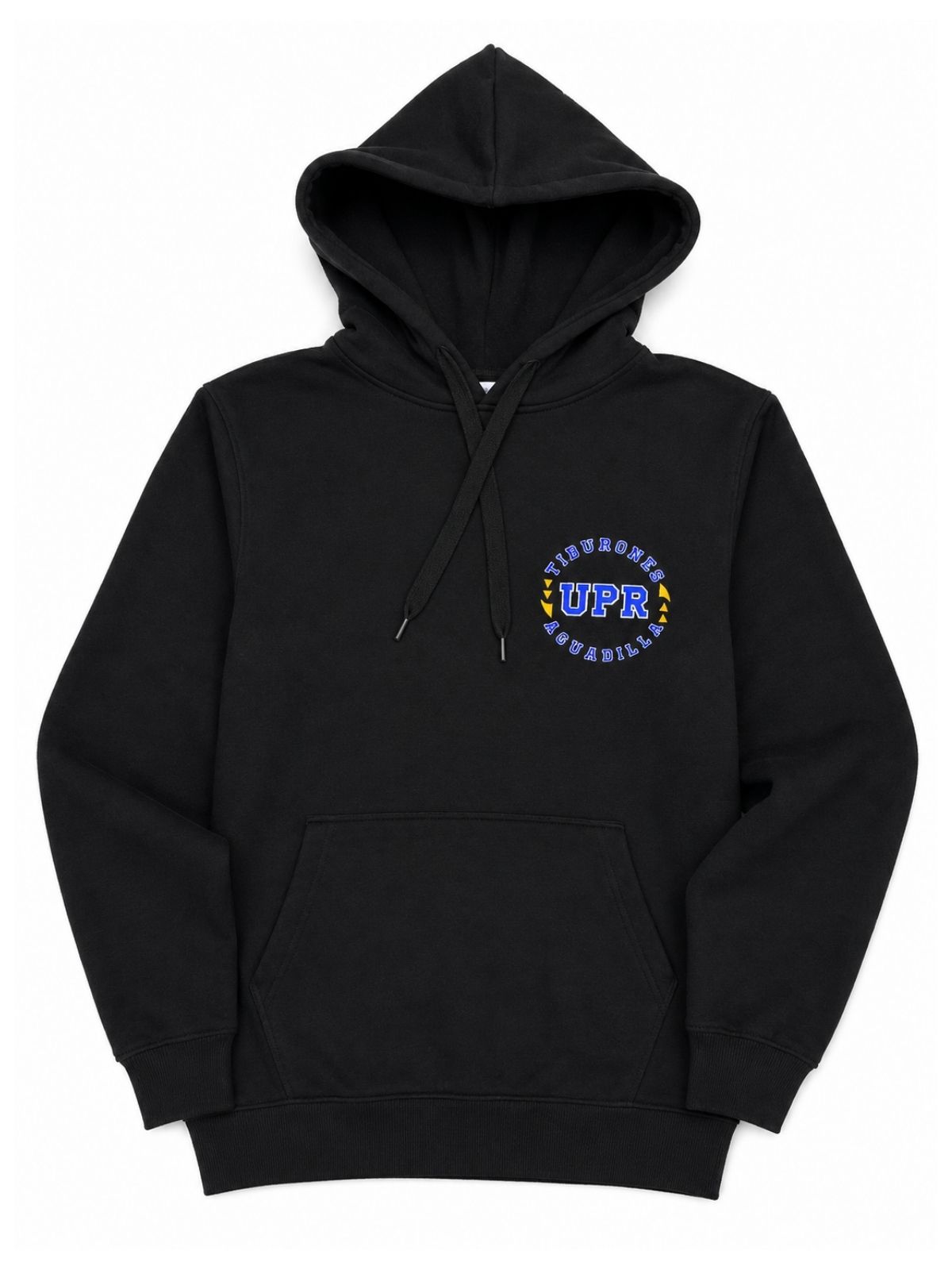Hoodie color negro con estampado redondo en azul y amarillo de Tiburones UPR Aguadilla