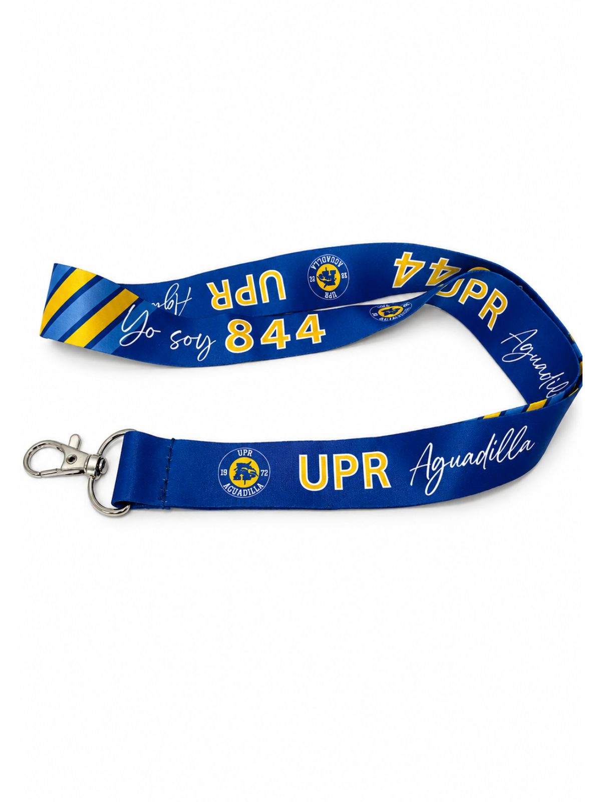 landyard sublimado color azul royal con frase "Yo soy 844" y UPR Aguadilla, letras en blanco y amarillo