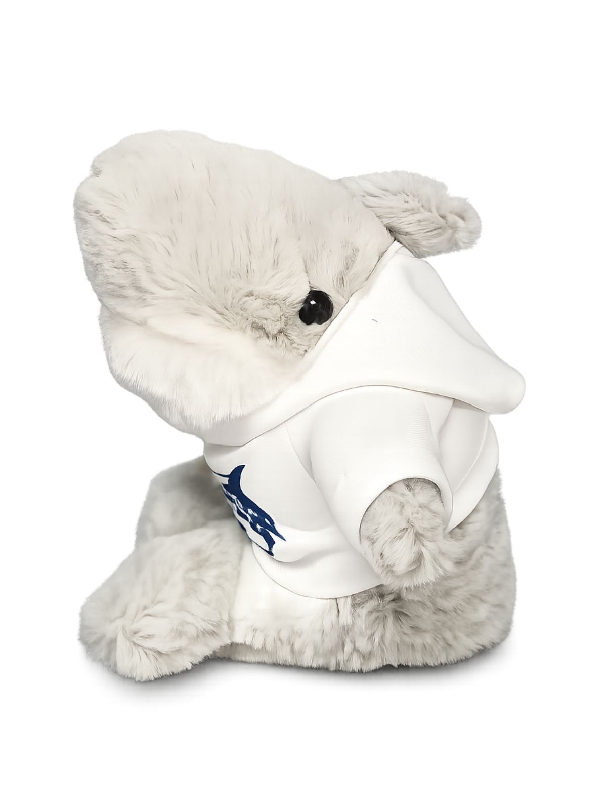 peluche en forma de tiburón color gris claro con hoodie color blanco