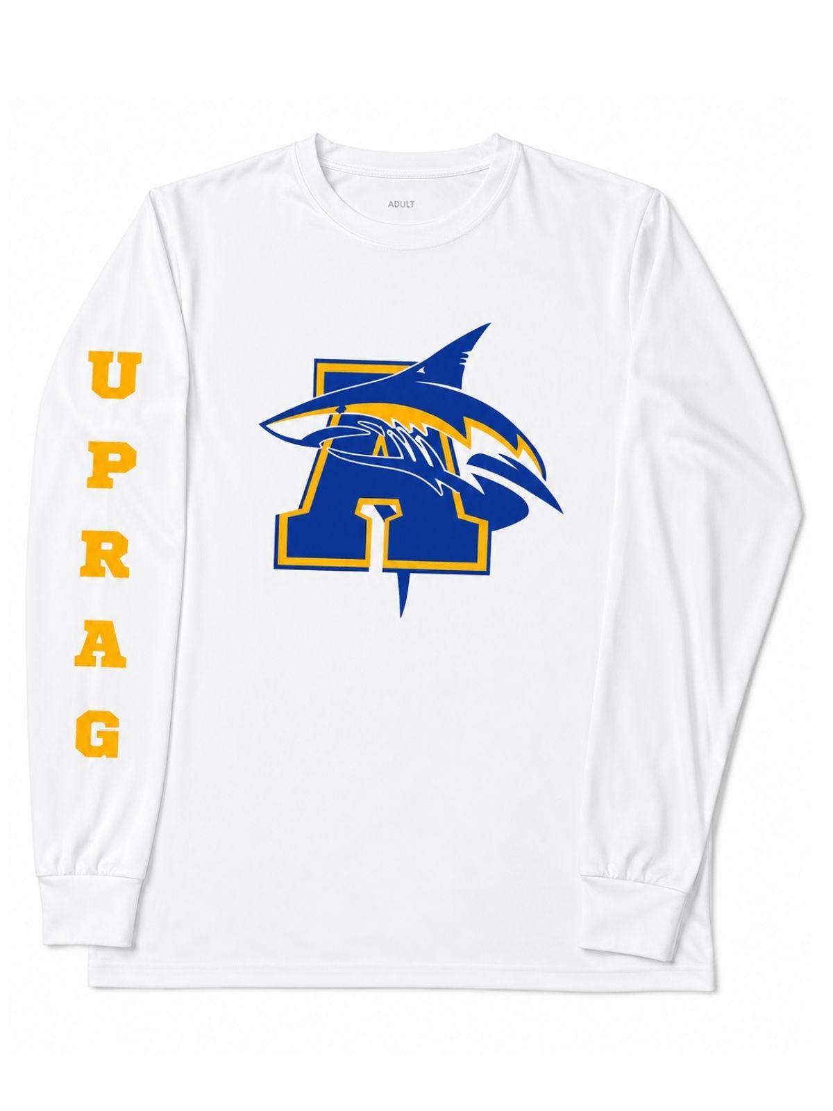 Playera blanca manga larga con estampado de letra insignia A y tiburón en azul royal con detalles amarillos y la palabra UPRAG en manga derecha color amarillo