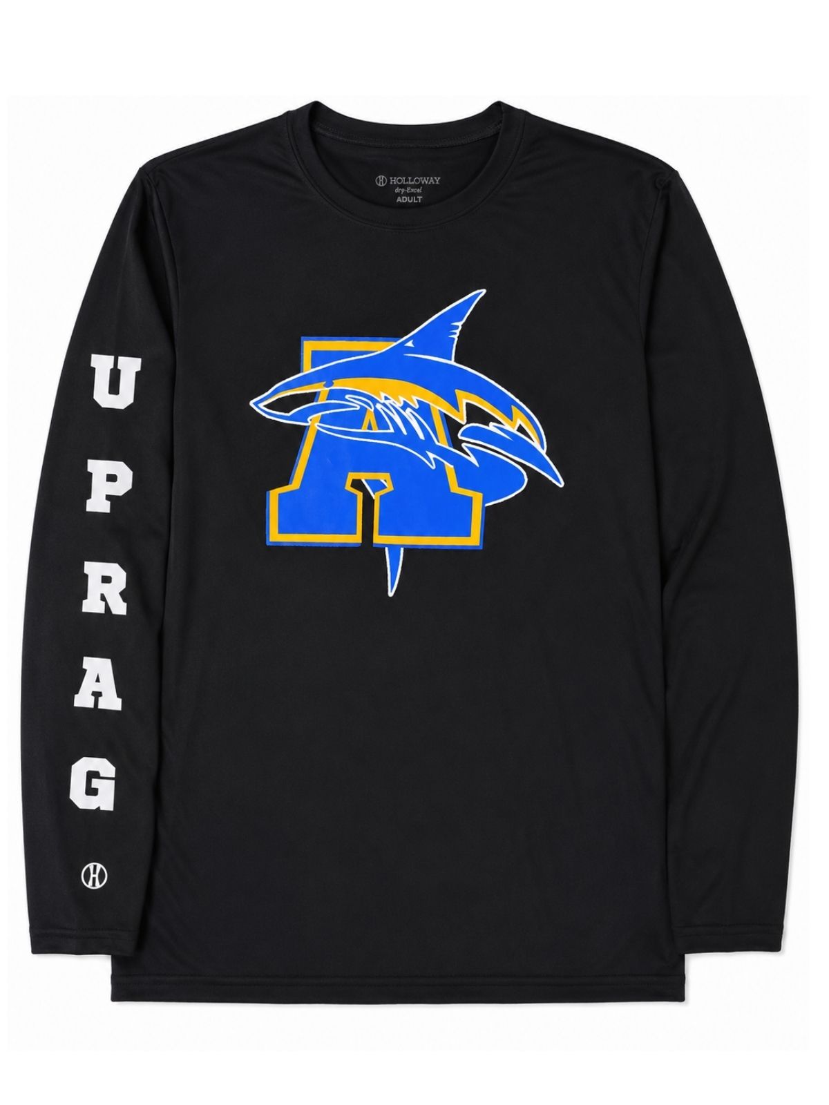 Playera negra manga larga con estampado de letra insignia A y tiburón en azul royal con detalles amarillos y la palabra UPRAG en manga derecha color blanco