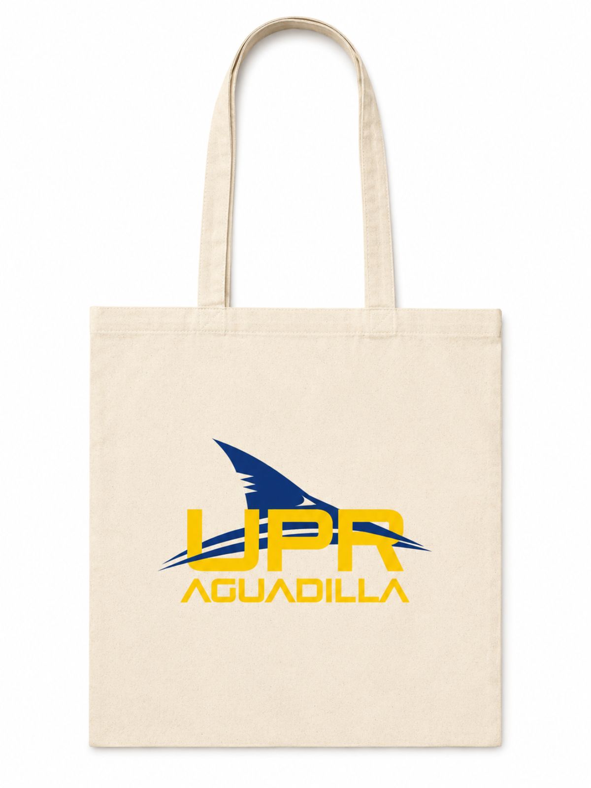 bolso estilo tote bag color crema con mango largo y estampado en el centro de UPR Aguadilla en amarillo con aleta de tiburón entralazado color azul